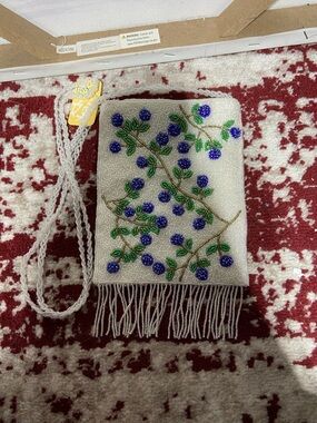 NWT ERMO Beaded Floral Fringe Crossbody Bag - White with Blue & Green Accents